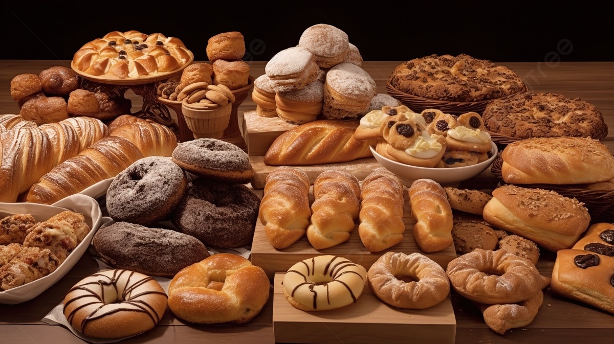 Freshly baked breads and pastries on a bakery counter